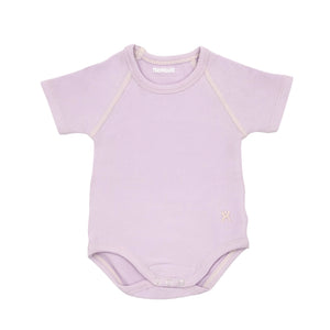 Flexisuit lavender bodysuit displayed on a hanger, showcasing a sleek, fitted design in soft lavender fabric.